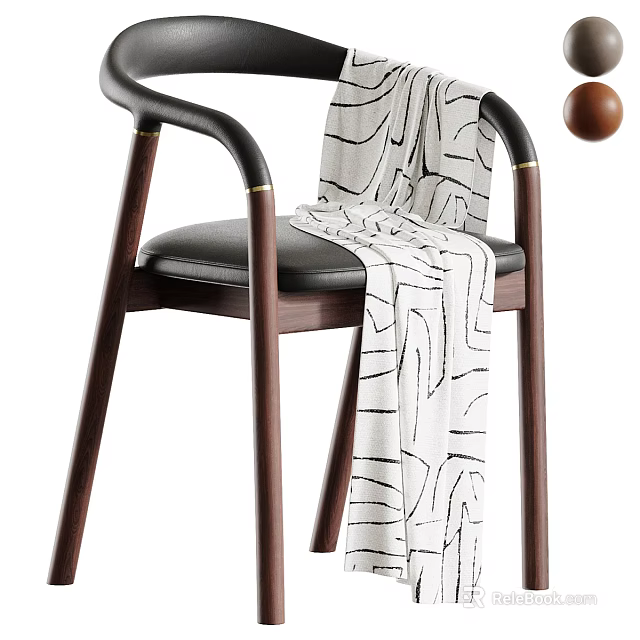 Modern Solid Wood Dining Chair With Black Leather Padded Seat And Stylish Patterned Fabric 3d model 