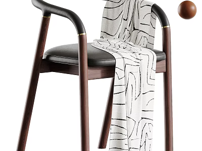 Modern Solid Wood Dining Chair With Black Leather Padded Seat And Stylish Patterned Fabric 3d model
