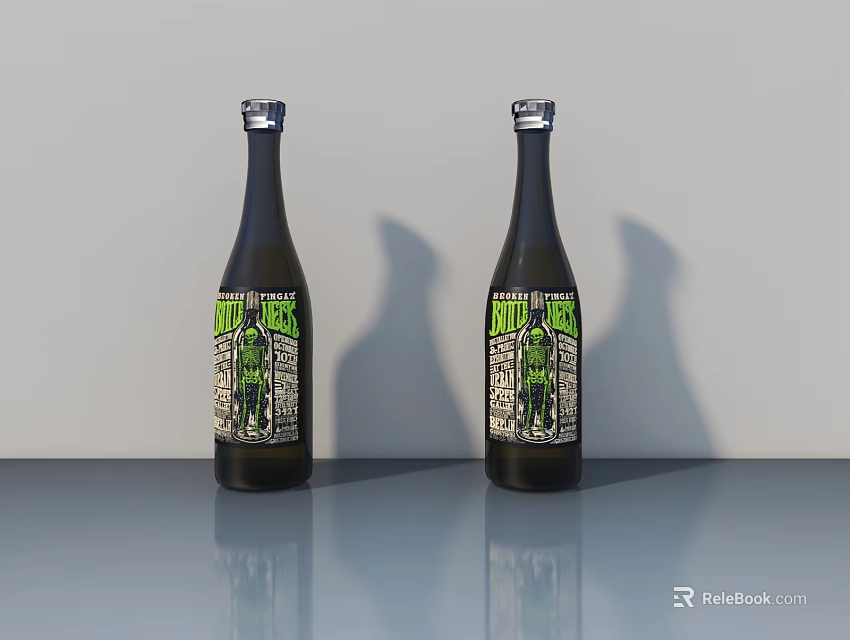 Two Dark Glass Bottles With Green White Labels On Gray Surface With Reflection 3d model 