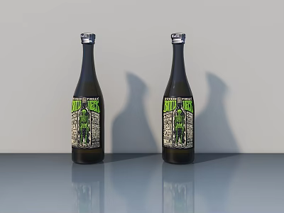 Two Dark Glass Bottles With Green White Labels On Gray Surface With Reflection 3d model