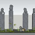 Gray Stone Pillars Featuring Stone Lion Statues With Green Plants Small Stones And Round Lamp