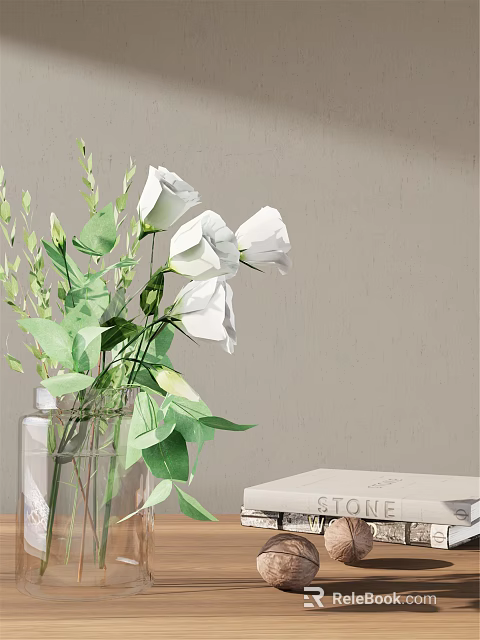 Transparent Glass Vase With White Flowers And Green Leaves On Light Gray Wall Background 3d model 