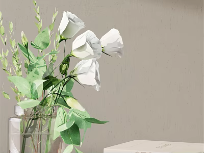 Transparent Glass Vase With White Flowers And Green Leaves On Light Gray Wall Background 3d model