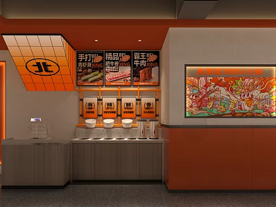Modern Hotpot Restaurant Interior With Orange Gray Counter Menu Display And Colorful Wall Art 3d model