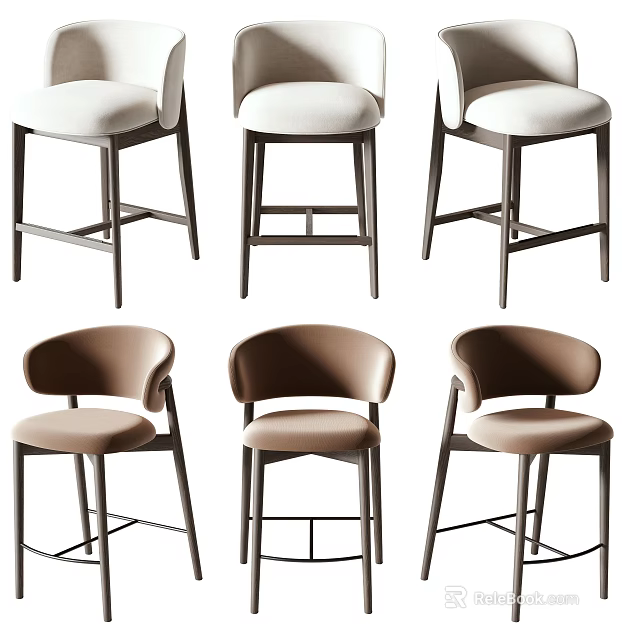 Six Stylish White And Brown Upholstered Bar Stools With Backrest Modern Design 3d model 