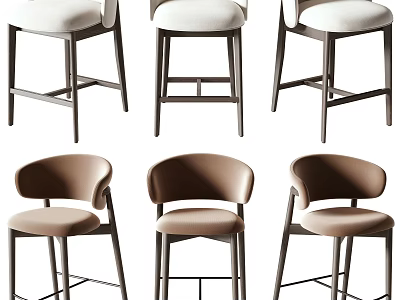 Six Stylish White And Brown Upholstered Bar Stools With Backrest Modern Design 3d model