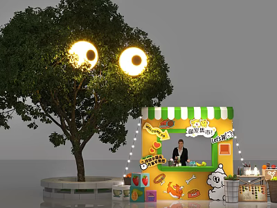 Pet Shop with Green Striped Awning Under Tree with Round Eye Lights Cartoon Decorations Staff 3d model