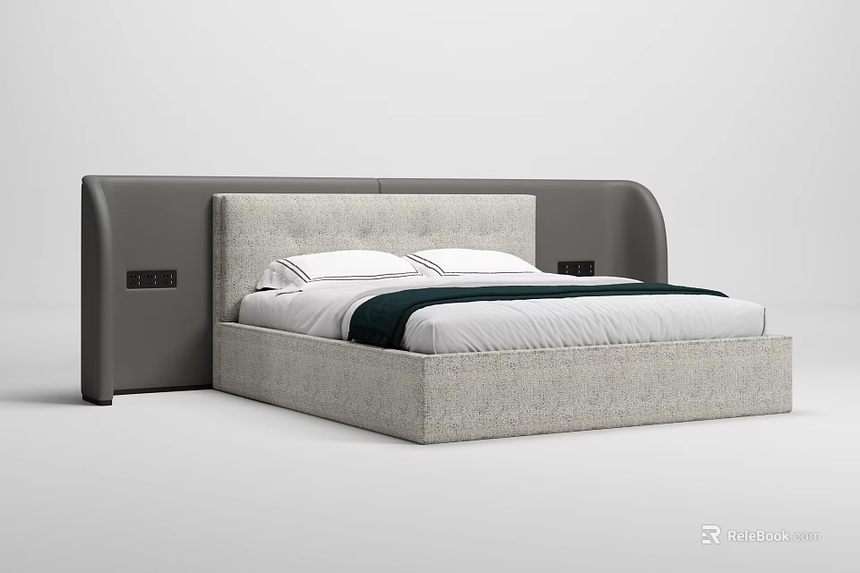 Modern Double Bed With Upholstered Gray Headboard White Sheets And Dark Blanket 3d model