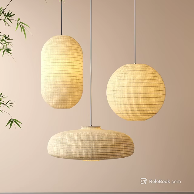Three Natural Woven Pendant Lights With Bamboo Accents On Light Beige Wall 3d model 