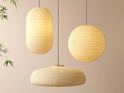 Three Natural Woven Pendant Lights With Bamboo Accents On Light Beige Wall 3d model