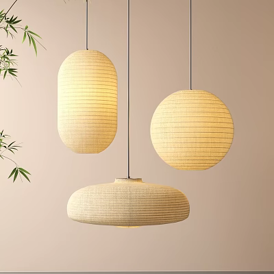 Three Natural Woven Pendant Lights With Bamboo Accents On Light Beige Wall 3d model