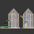 Delicate Decorative Ornament Set With Two Birdcage Ornaments Small Fountain Street Lamp And Flower Pot