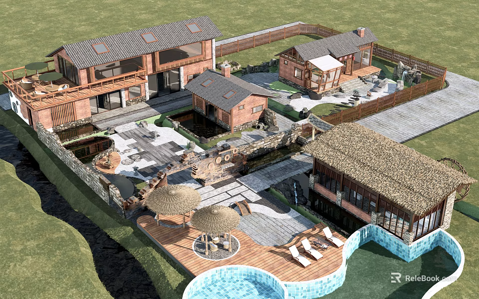 Rural Self Built House With Courtyard Swimming Pool And Outdoor Leisure Area 3d model 