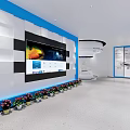 Modern Exhibition Hall With White Podiums Blue Decor Screens And Display Cases