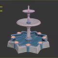 Two Tiered Fountain With Polygonal Base Circular Trays Blue White Columns And Golden Accents