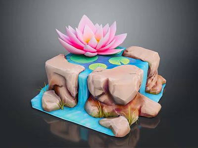 Small Fish Swimming In Pond With Pink Lotus Stone Waterfall And Green Grass 3d model