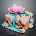 Small Fish Swimming In Pond With Pink Lotus Stone Waterfall And Green Grass