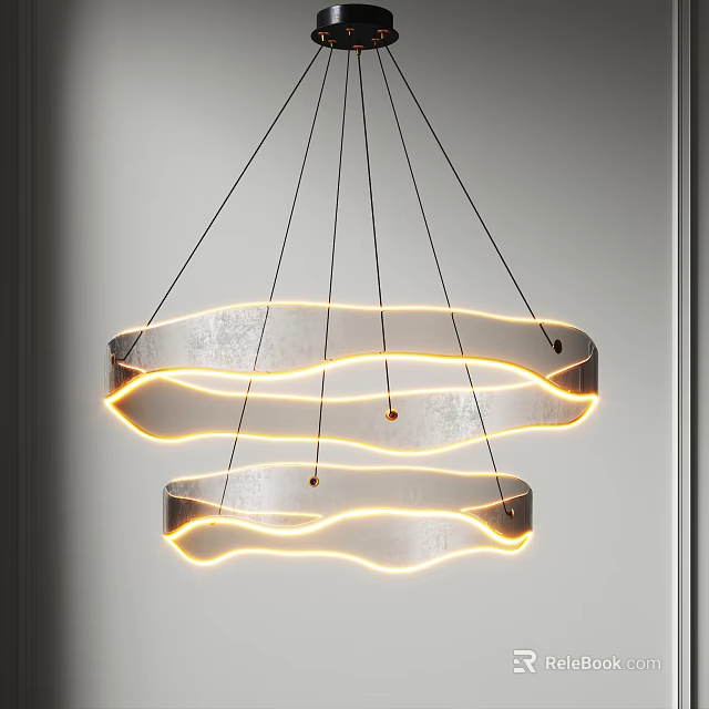 Modern Wave Shaped Chandelier with Double Metal Rings and Illuminated Light Strips 3d model 