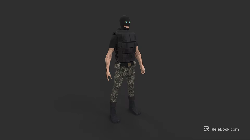 Game And Movie Character With Black Balaclava Blue Eyes Bulletproof Vest Camouflage Pants Black Boots 3d model 