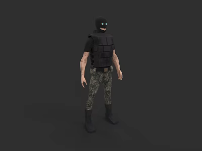 Game And Movie Character With Black Balaclava Blue Eyes Bulletproof Vest Camouflage Pants Black Boots 3d model