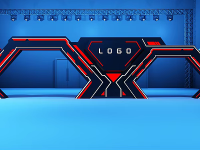 Modern Archway Design With Red Black Accents LED Lights Logo Display And Blue Background 3d model