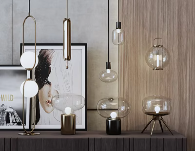 Modern Lighting Combinations With Glass Pendant And Metal Table Lamps For Interior Decor 3d model
