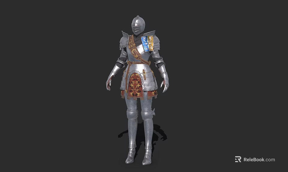 Game Movie Character in Full Metallic Armor with Helmet and Ornate Red Gold Waist Cloth 3d model 