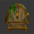 Ornate Vintage Wooden Treasure Chest With Golden Helmet And Green Vines