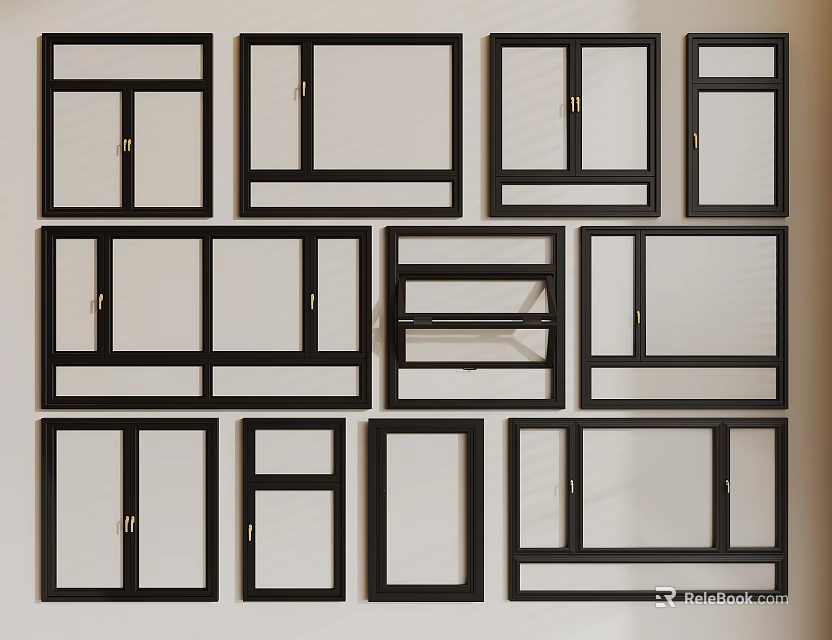 Stylish Casement Windows with Various Designs and Black Frames for Home Interiors 3d model 