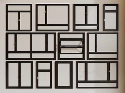Stylish Casement Windows with Various Designs and Black Frames for Home Interiors 3d model