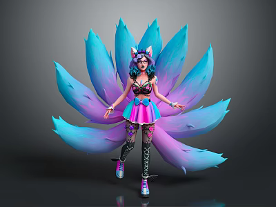 Game Movie Character With Fox Ears And Blue Purple Gradient Tails In Colorful Outfit 3d model