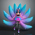Game Movie Character With Fox Ears And Blue Purple Gradient Tails In Colorful Outfit