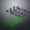 Scene Of Colorful Robot Models Arranged In Formation With Green Laser Lines