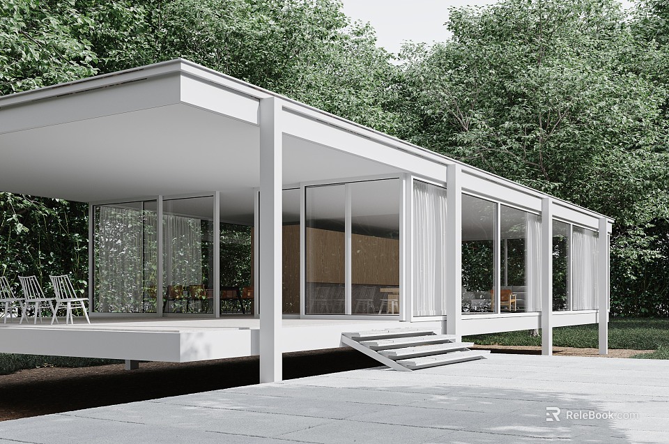 Modern Detached House With White Exterior Large Glass Windows And Green Tree Surrounded Terrace Steps 3d model 