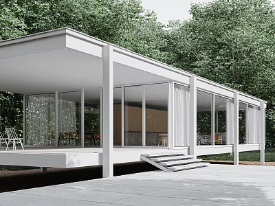 Modern Detached House With White Exterior Large Glass Windows And Green Tree Surrounded Terrace Steps 3d model