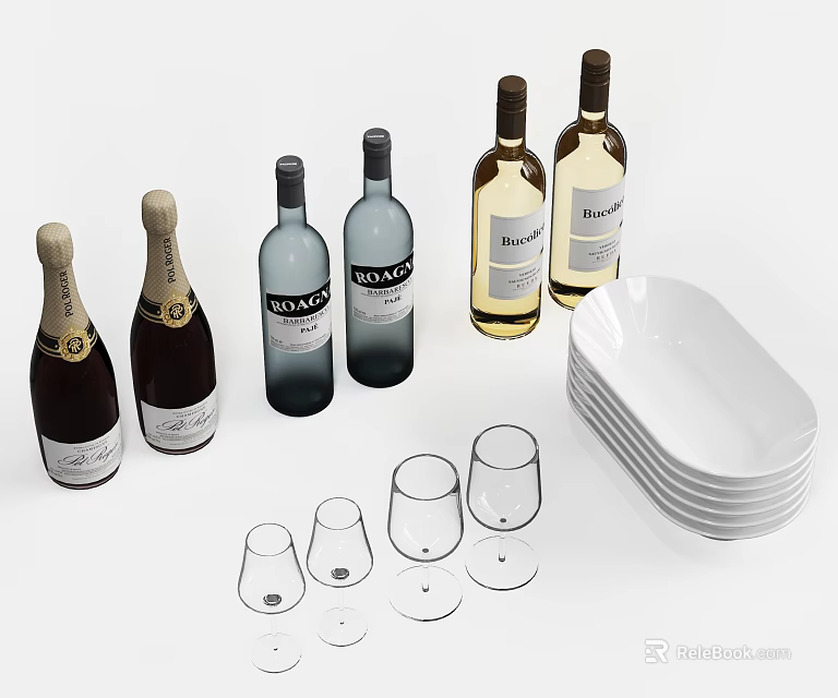 Wine Bottles And Glasses Display With Stacked White Plates And Glassware 3d model 