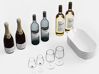 Wine Bottles And Glasses Display With Stacked White Plates And Glassware 3d model