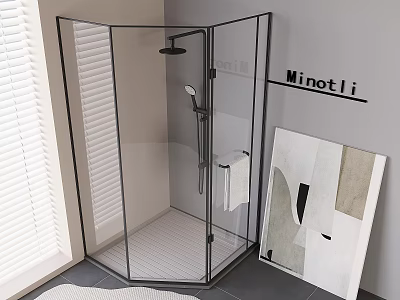 Modern Glass Shower Enclosure With Stylish Shower Head In Bathroom Interior 3d model