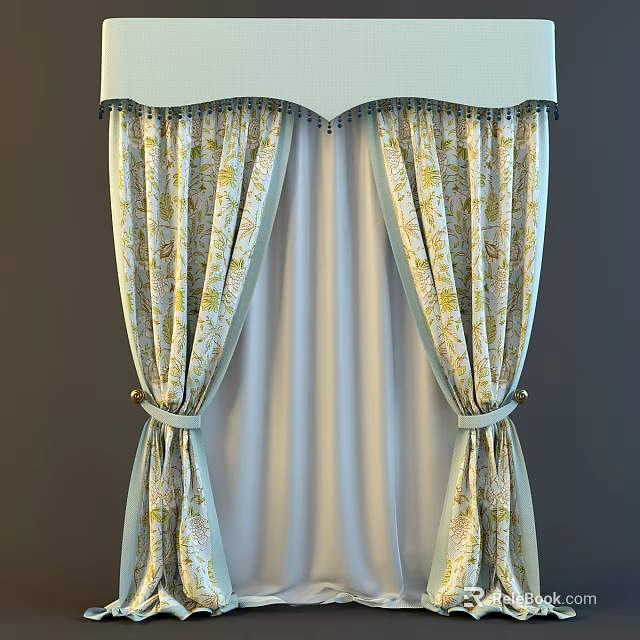 Elegant Light Blue And Yellow Floral Pattern Curtains With Decorative Valance And Tied Sashes 3d model 