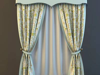 Elegant Light Blue And Yellow Floral Pattern Curtains With Decorative Valance And Tied Sashes 3d model