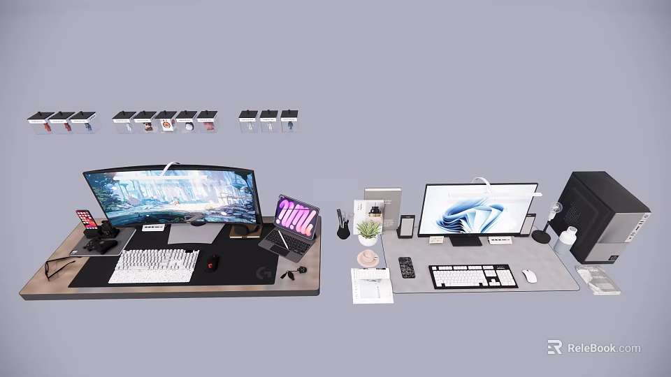Modern Computer Desk Setup With Multiple Monitors Laptop And Office Accessories 3d model