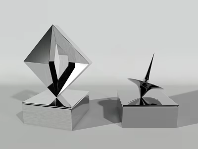 Modern Minimalist Metallic Decorative Ornament Set With Diamond And Spire Shapes On Square Bases 3d model