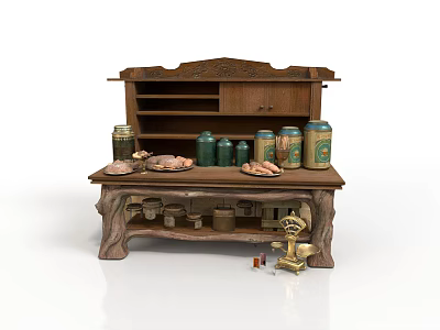 Wooden Carved Sideboard With Shelves Cabinets Displaying Cans Bread And Decorative Items 3d model