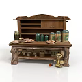 Wooden Carved Sideboard With Shelves Cabinets Displaying Cans Bread And Decorative Items