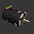 Black Cylindrical Electric Motor With White Shaft And Yellow Terminals