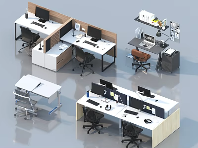 Modern Office Desks With Cubicle Partitions Multiple Monitors And Ergonomic Chairs 3d model