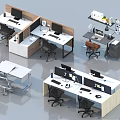 Modern Office Desks With Cubicle Partitions Multiple Monitors And Ergonomic Chairs