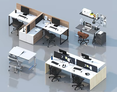 Modern Office Desks With Cubicle Partitions Multiple Monitors And Ergonomic Chairs 3d model