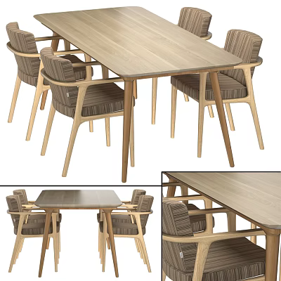 Modern Wooden Dining Table Set With Striped Cushioned Chairs And Simple Design 3d model