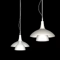 Two White Pendant Lights With Conical Tops And Wide Shades Illuminated On Gray Background Wall